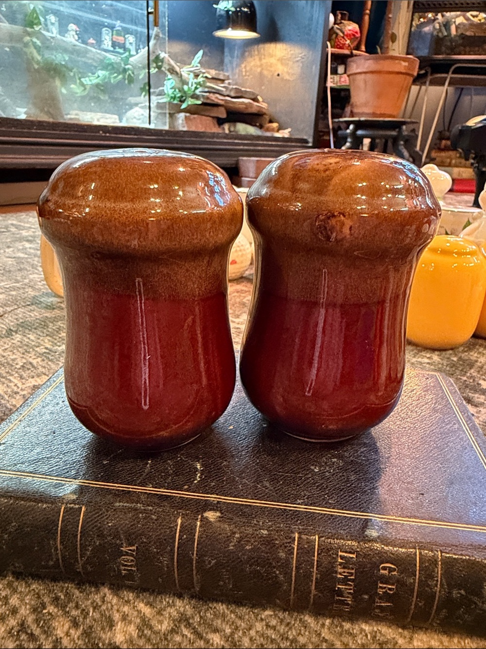 Vintage brown drip glaze mushroom salt and pepper shakers.